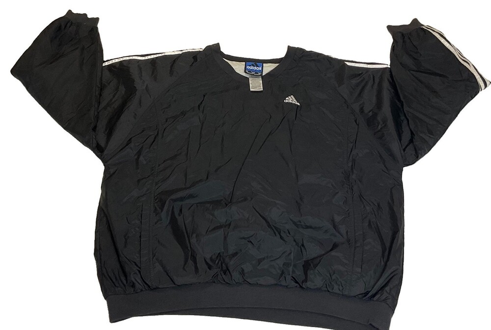 Adult Men's Vintage Adidas 3 White Stripes Black Athletic Windbreaker Top